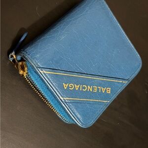 Balenciaga Blue Leather Wallet with Gold Zipper